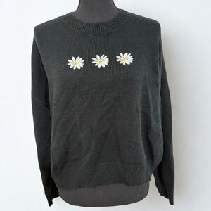 Forever‎ 21 Black Daisy Embroidered Sweater Cozy Y2K Cottagecore Pullover Large